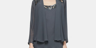 Jaqueta feminina SL Fashions com 2 peças e vestido midi em camadas, cinza, tamanho 14, pequeno