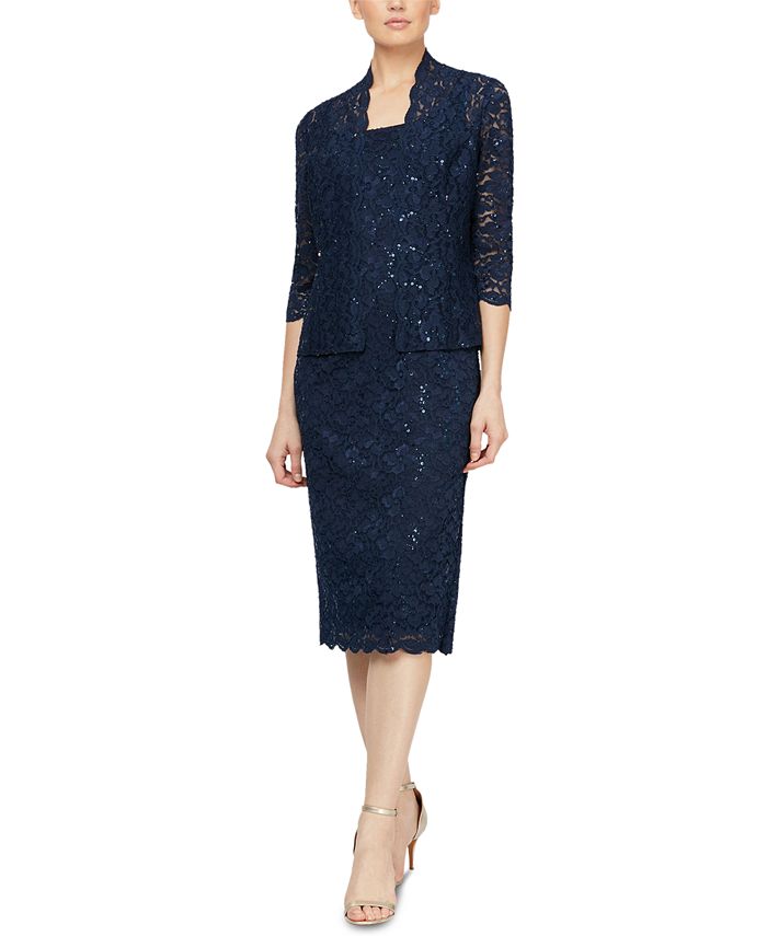 Conjunto de jaqueta de renda e vestido midi feminino SL Fashions, 2 peças, azul, tamanho 14