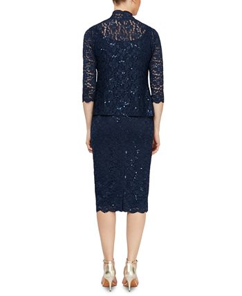 Conjunto de jaqueta de renda e vestido midi feminino SL Fashions, 2 peças, azul, tamanho 14