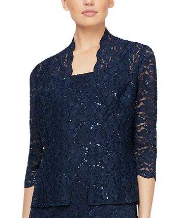 Conjunto de jaqueta de renda e vestido midi feminino SL Fashions, 2 peças, azul, tamanho 14