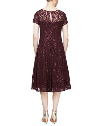 Vestido midi de renda com lantejoulas Sl Fashions feminino, cor vinho, tamanho 14