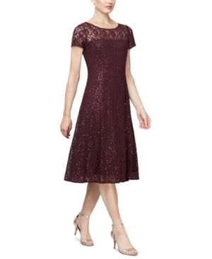Vestido midi de renda com lantejoulas Sl Fashions feminino, cor vinho, tamanho 14