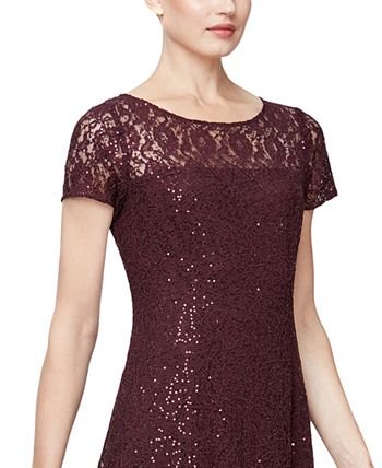 Vestido midi de renda com lantejoulas SL Fashions feminino, tamanho 16, vinho