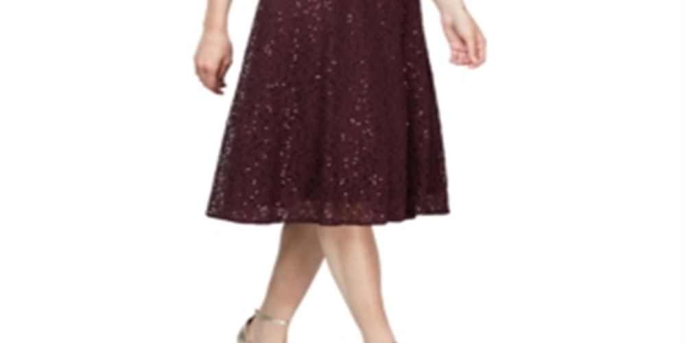 Vestido midi de renda com lantejoulas SL Fashions feminino, tamanho 16, vinho