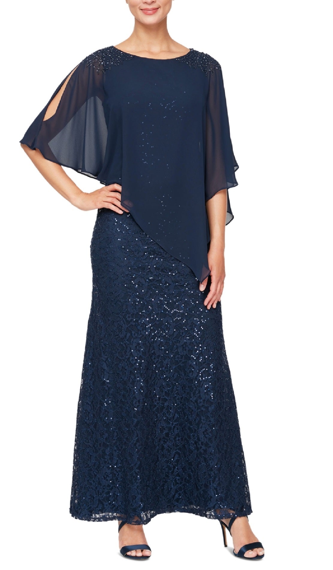 Vestido de renda com lantejoulas e chiffon popover feminino SL Fashions, azul, tamanho 16