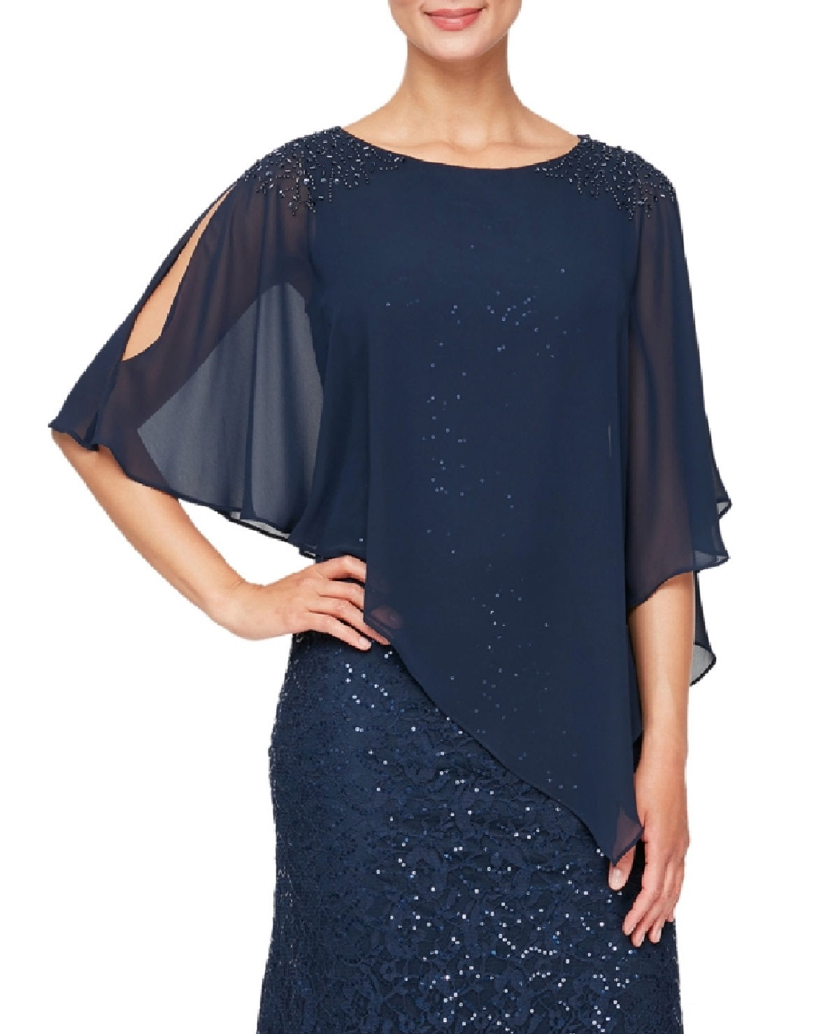 Vestido de renda com lantejoulas e chiffon popover feminino SL Fashions, azul, tamanho 16