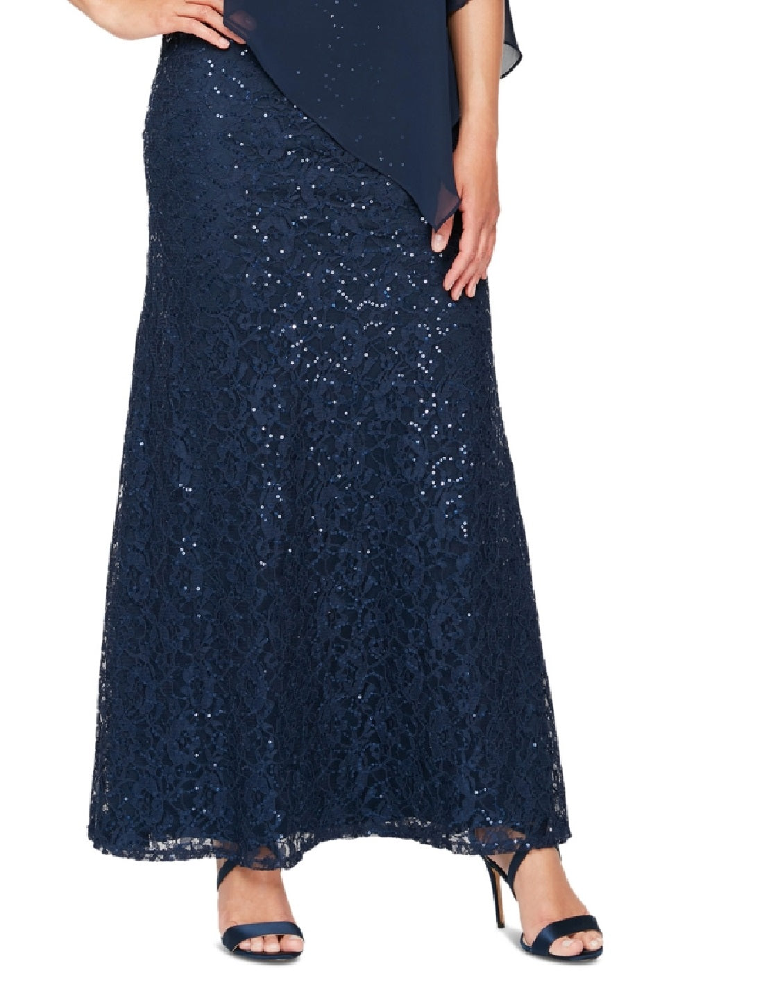 Vestido de renda com lantejoulas e chiffon popover feminino SL Fashions, azul, tamanho 16