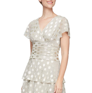 Vestido feminino SL Fashions com pontinhos metálicos e cintura franzida, marrom, tamanho 12