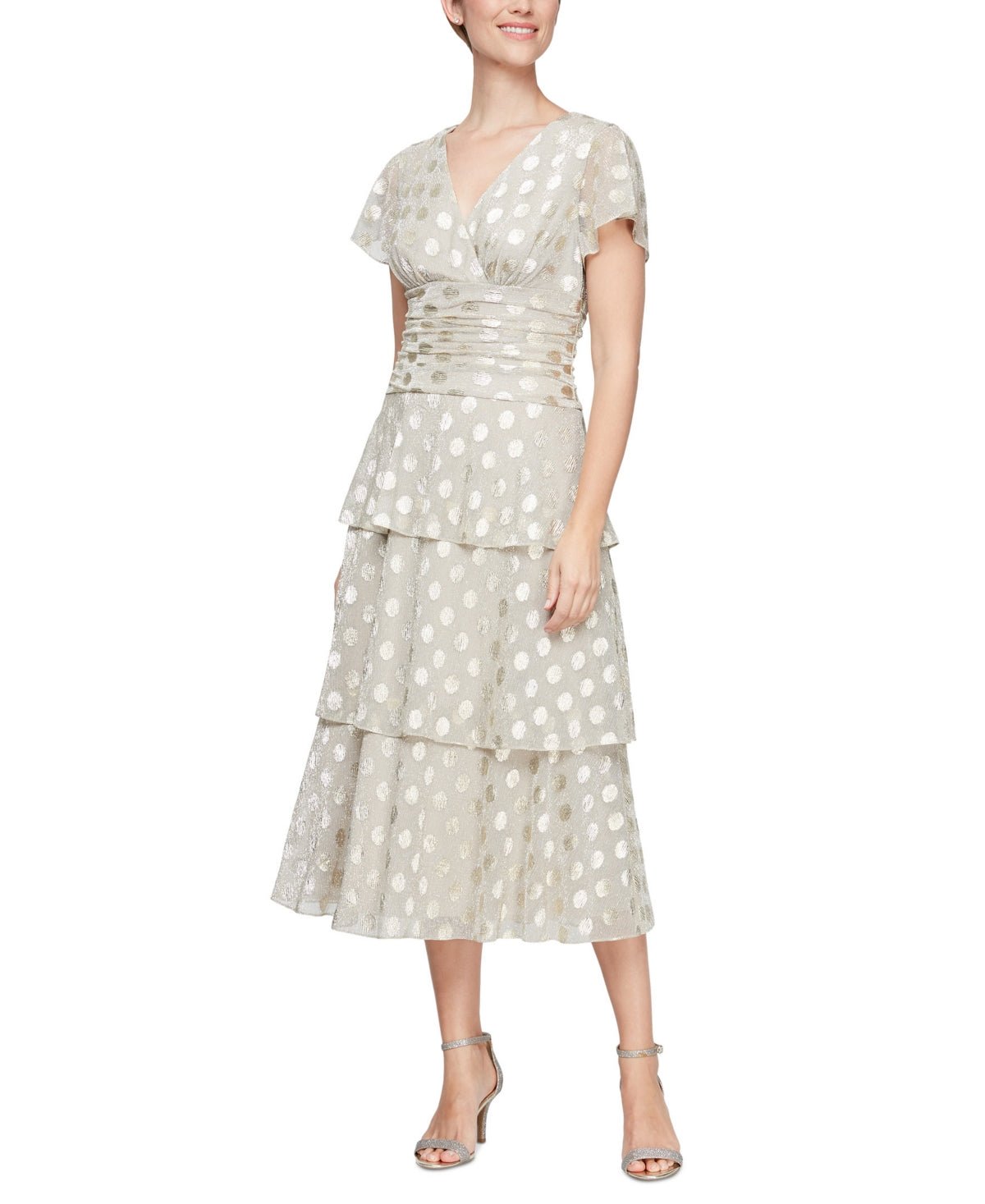 Vestido feminino SL Fashions com pontinhos metálicos e cintura franzida, marrom, tamanho 12