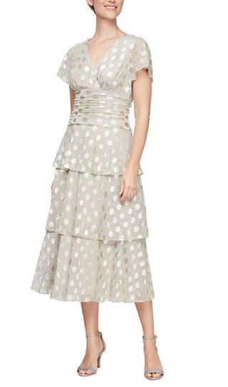 Vestido feminino SL Fashions com pontinhos metálicos e cintura franzida, marrom, tamanho 14