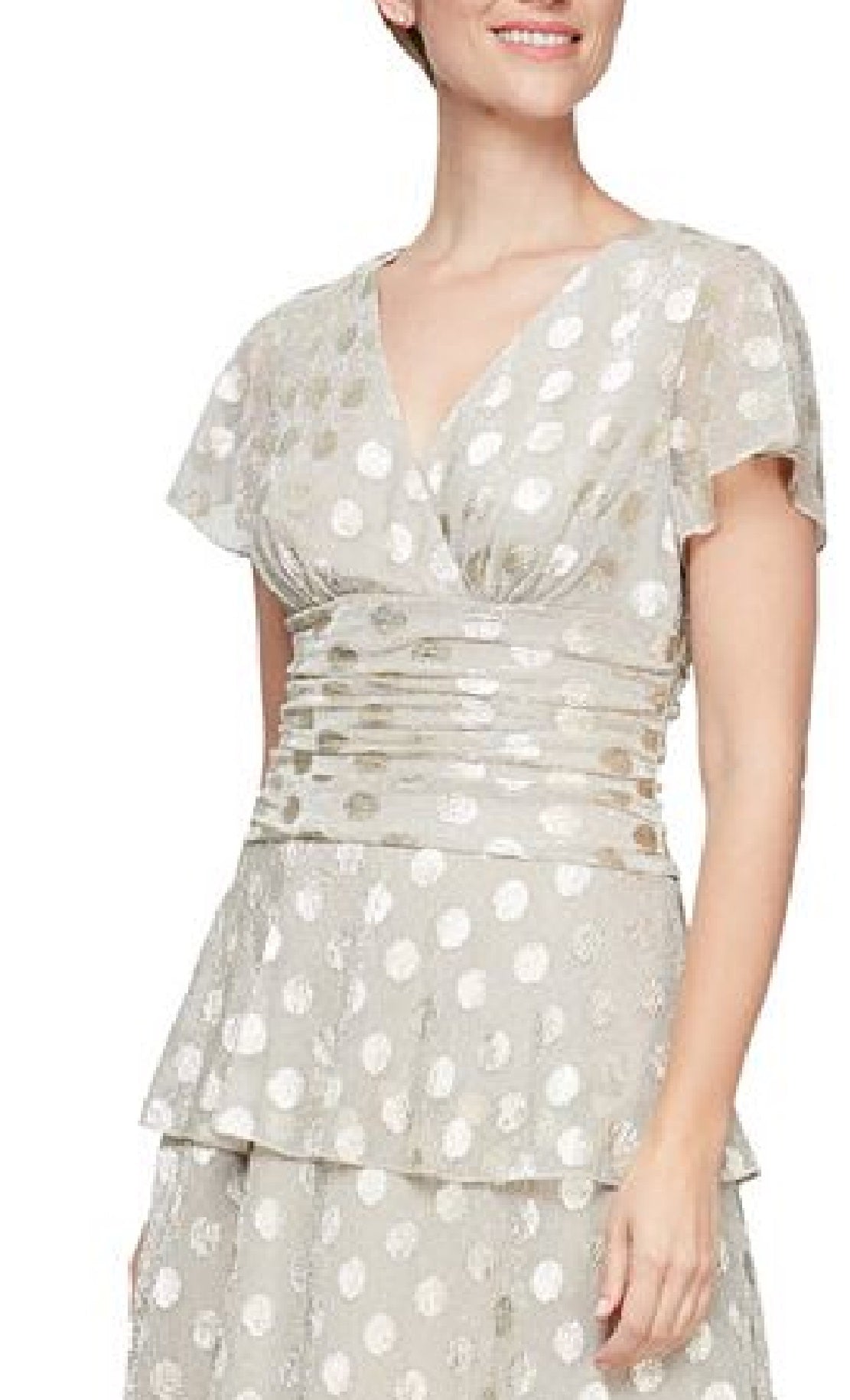 Vestido feminino SL Fashions com pontinhos metálicos e cintura franzida, marrom, tamanho 14