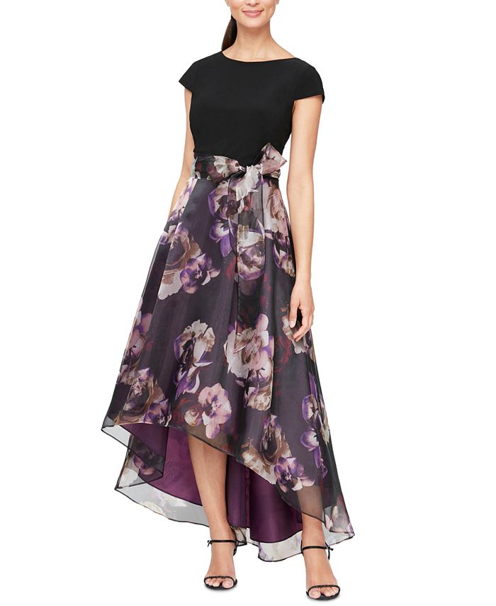 Vestido feminino SL Fashions com saia estampada alta e baixa, roxo, tamanho 10