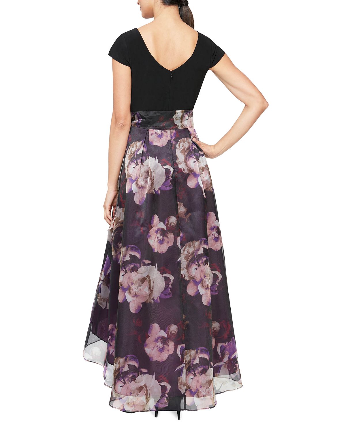 Vestido feminino SL Fashions com saia estampada alta e baixa, roxo, tamanho 12