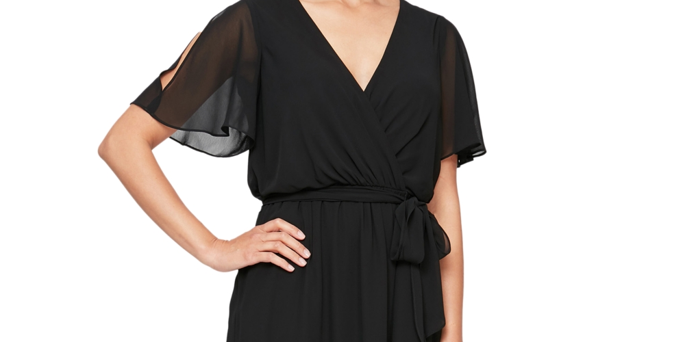 Vestido envelope feminino com babados SL Fashions, preto, tamanho 14