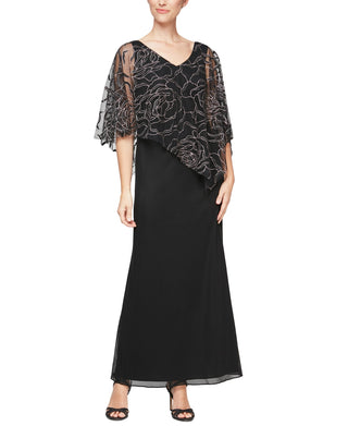 SL Fashions Feminino Popover Decote V Glitter Floral Com Capa Assimétrica Preto Tamanho 6