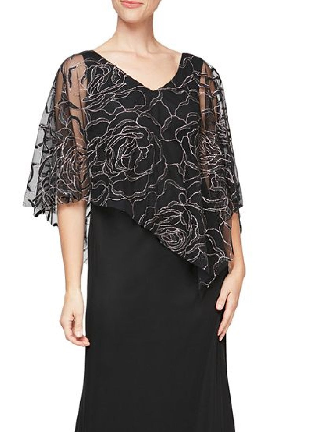 Vestido feminino SL Fashions com decote em V e estampa floral e glitter, preto, tamanho 8