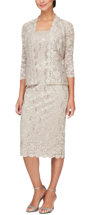 Conjunto de jaqueta de renda e vestido midi feminino SL Fashions, 2 peças, marrom, tamanho 14, pequeno