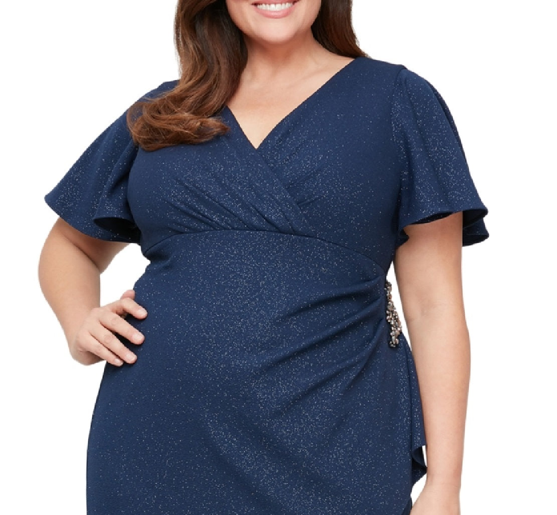 Vestido de malha brilhante feminino SL Fashions azul tamanho 22W