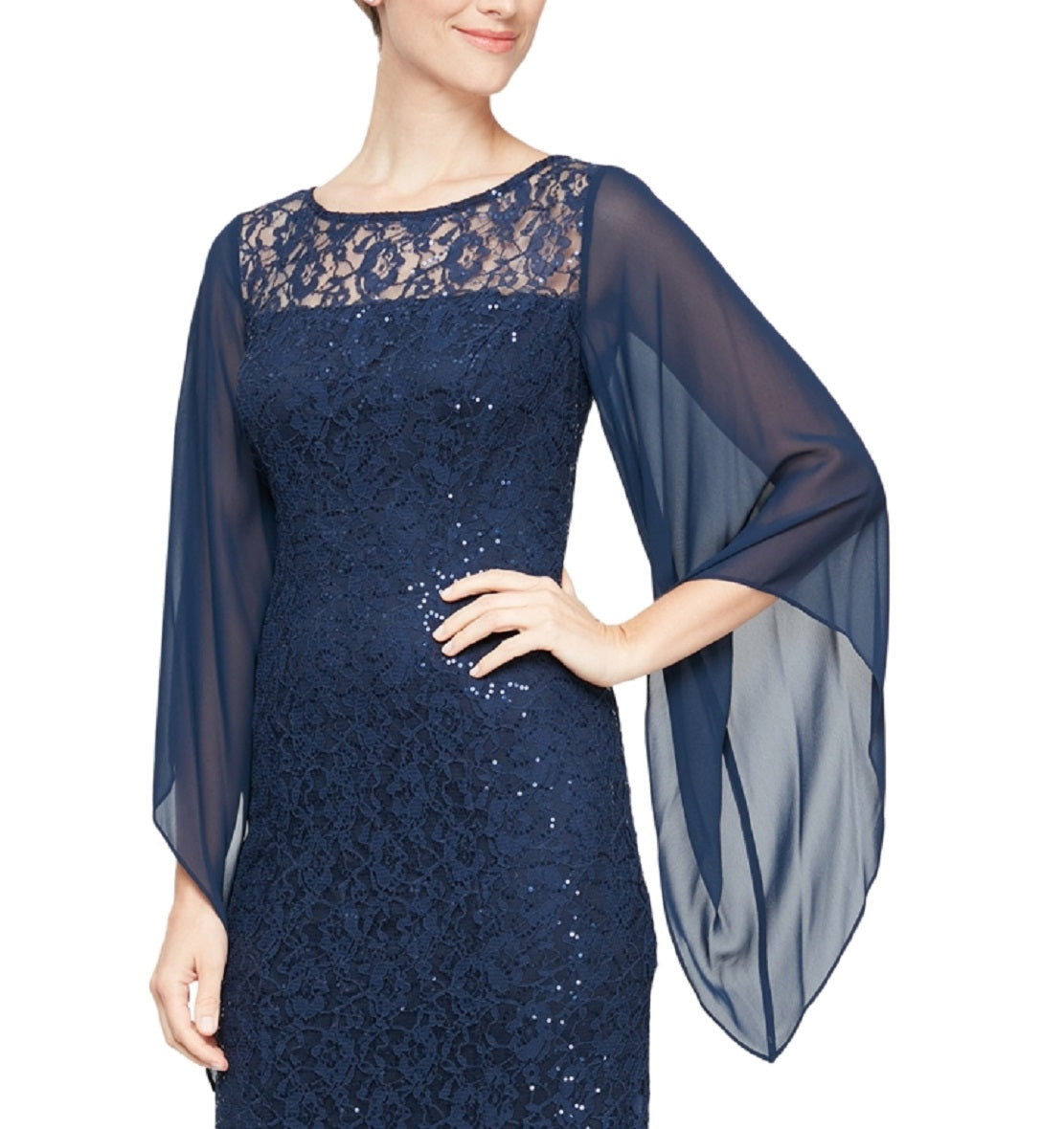 Vestido de renda ilusionista feminino SL Fashions azul tamanho 4