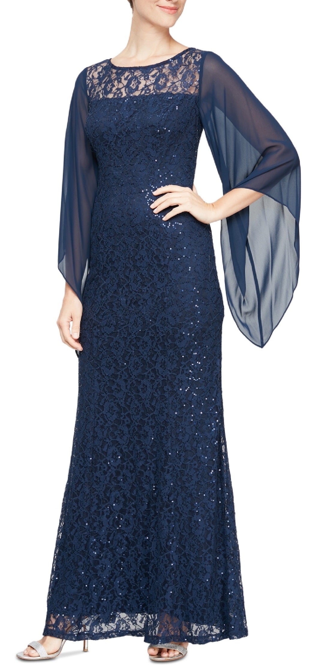Vestido de renda ilusionista feminino SL Fashions azul tamanho 10