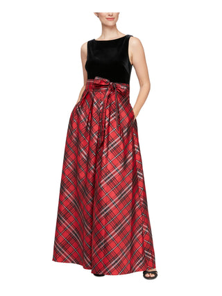 Vestido xadrez de veludo com cinto feminino SL Fashions, preto, tamanho 14