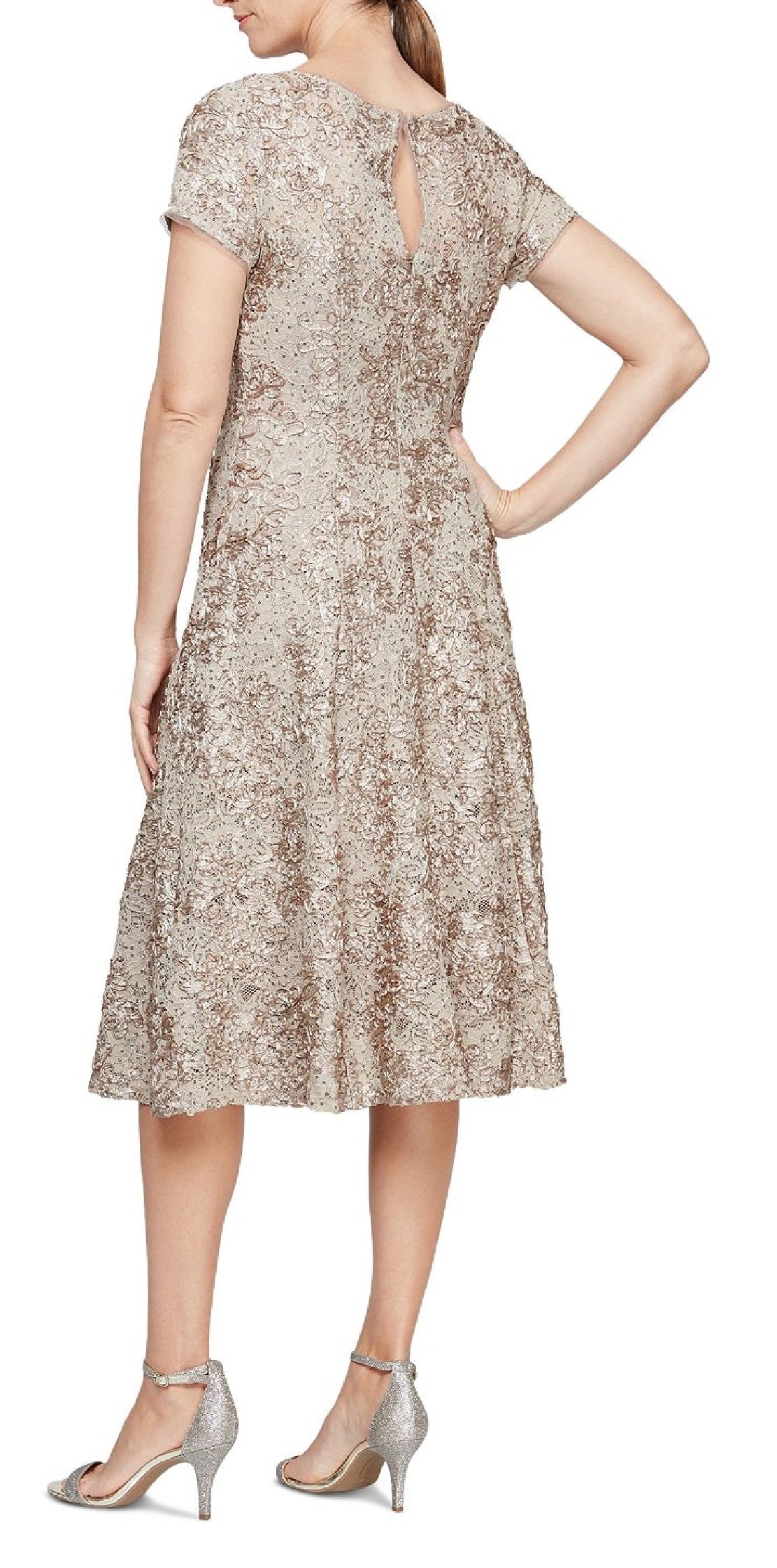 Vestido midi com glitter SL Fashions para mulheres, tamanho 6, marrom, para coquetel e festa