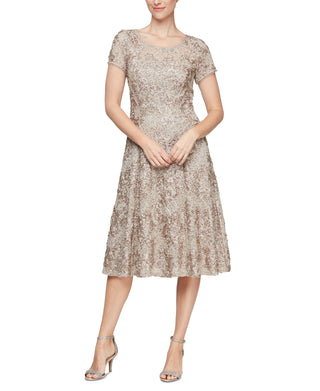 Vestido midi com glitter SL Fashions para mulheres, tamanho 6, marrom, para coquetel e festa