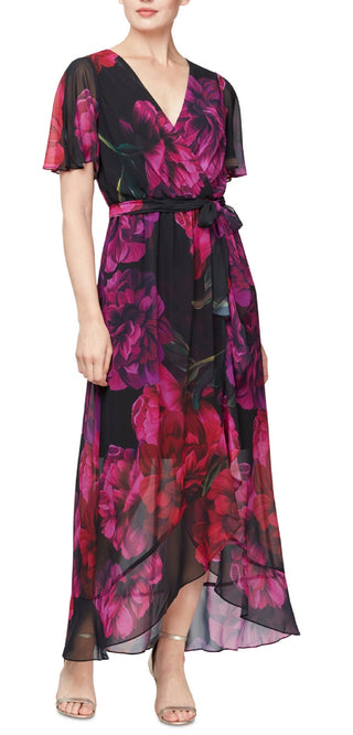 Vestido longo com estampa falsa e envoltório feminino SL Fashions, preto, tamanho 6