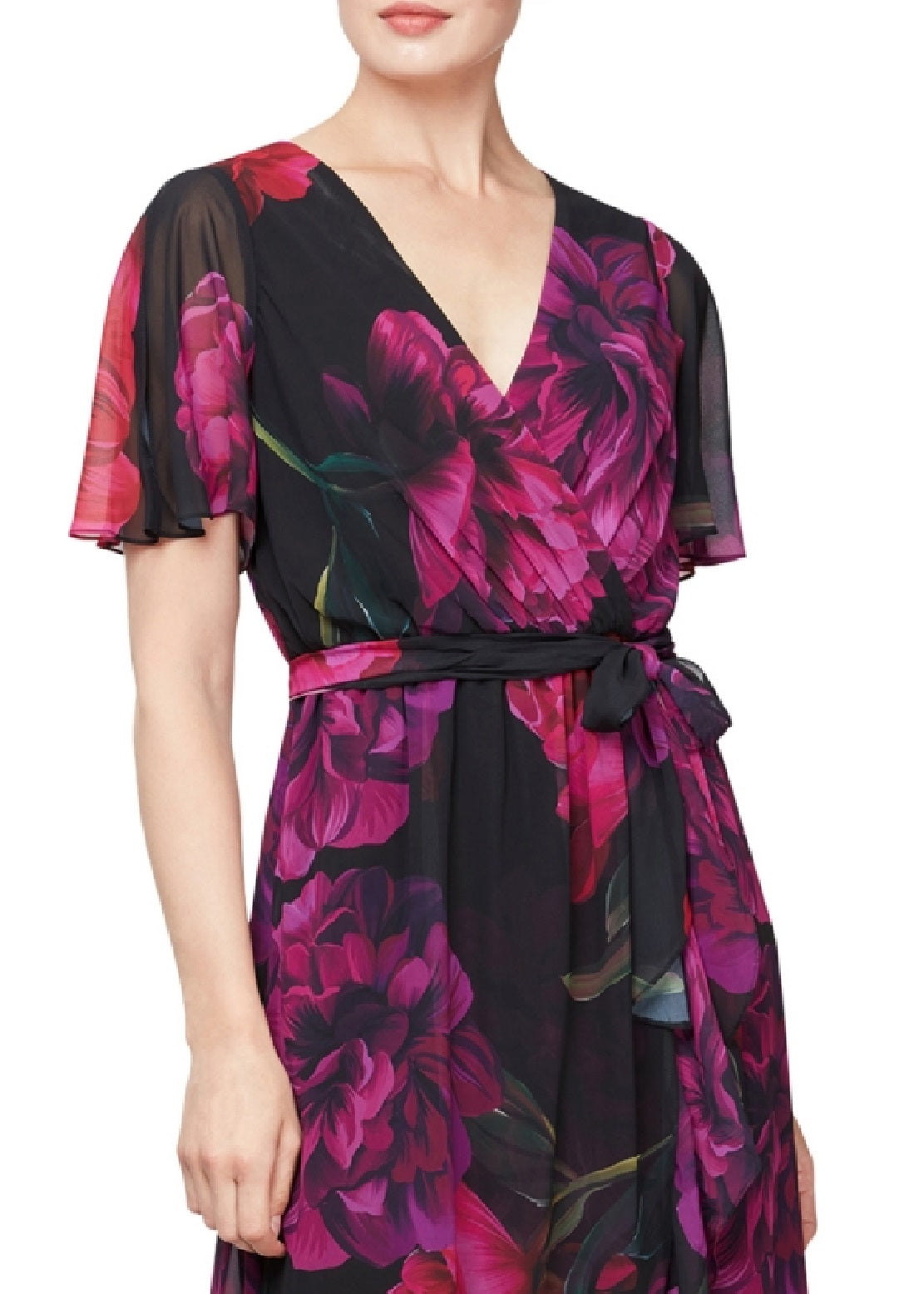 Vestido longo com estampa falsa e envoltório feminino SL Fashions, preto, tamanho 6