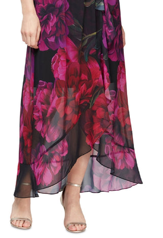 Vestido longo com estampa falsa e envoltório feminino SL Fashions, preto, tamanho 6