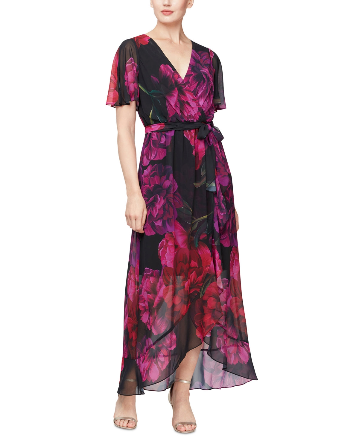 Vestido longo com estampa falsa e envoltório feminino SL Fashions, preto, tamanho 6