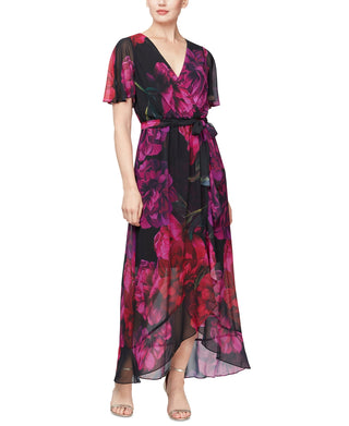 Vestido longo com estampa falsa e envoltório feminino SL Fashions, preto, tamanho 6