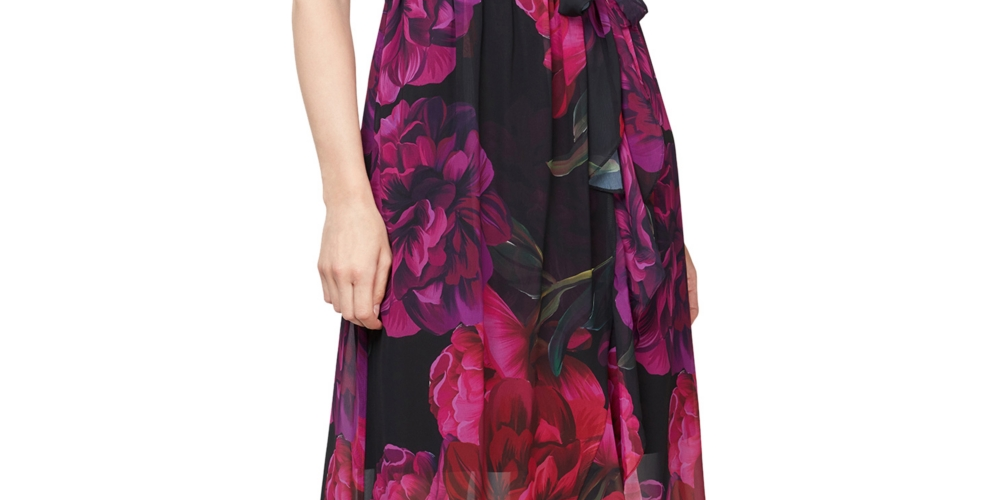 Vestido longo com estampa falsa e envoltório feminino SL Fashions, preto, tamanho 6