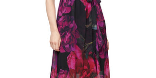 Vestido longo com estampa falsa e envoltório feminino SL Fashions, preto, tamanho 6