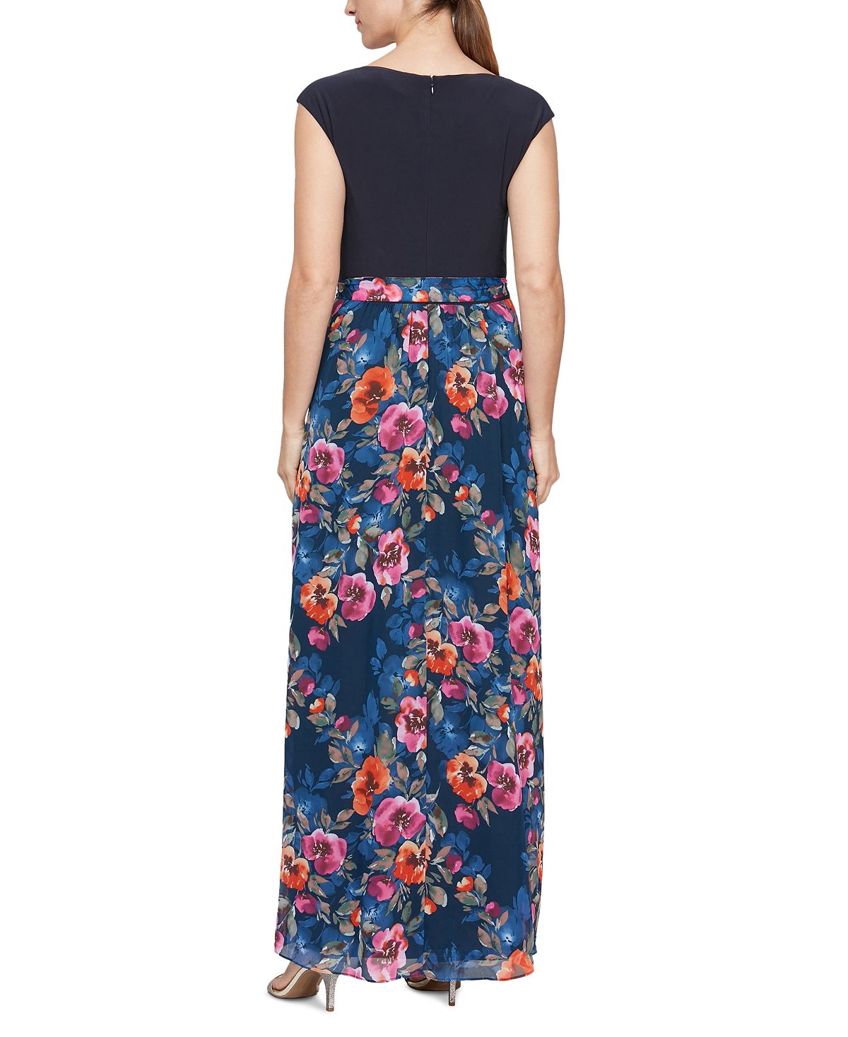 Vestido longo feminino SL Fashions, azul, tamanho 6, com estampa de mídia mista