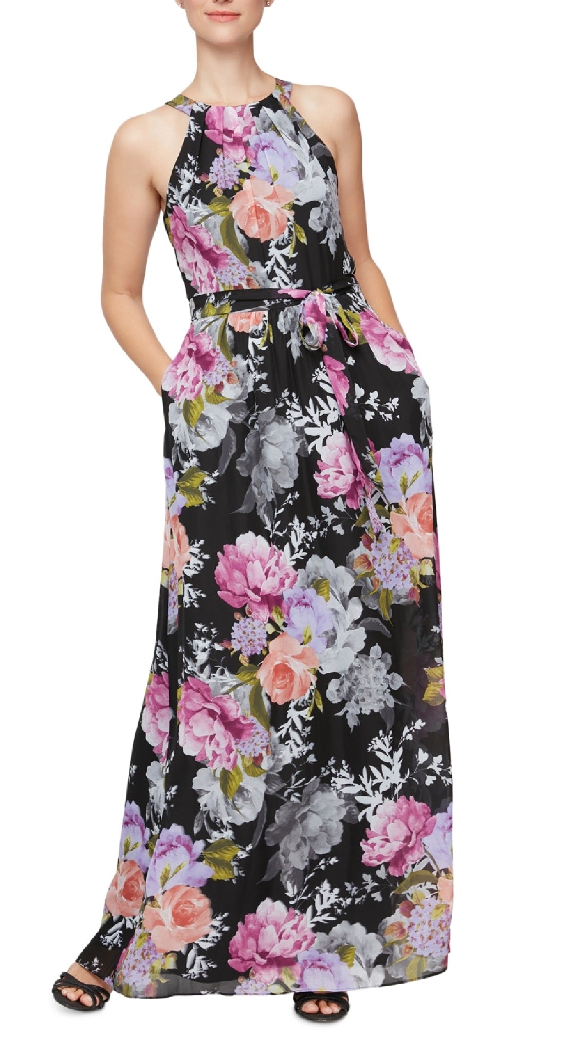 Vestido longo feminino SL Fashions com cinto e alças finas, preto, tamanho 12
