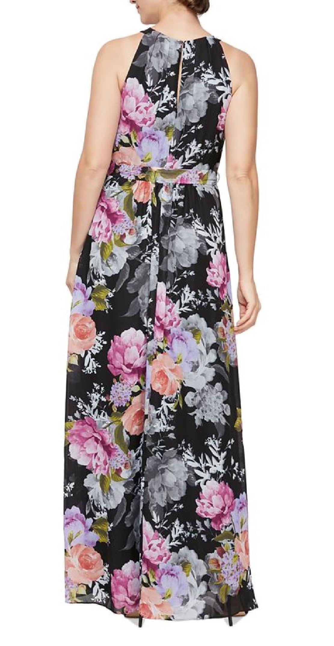 Vestido longo feminino SL Fashions com cinto e alças finas, preto, tamanho 12