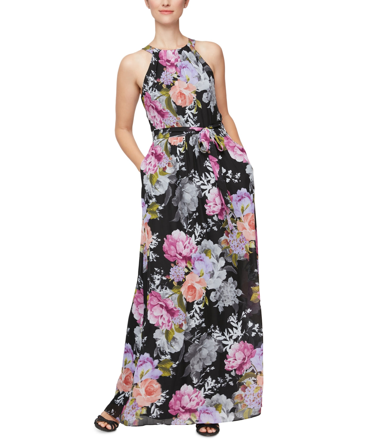 Vestido longo feminino SL Fashions com cinto e alças finas, preto, tamanho 12