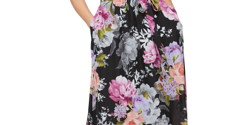 Vestido longo feminino SL Fashions com cinto e alças finas, preto, tamanho 12