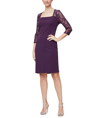 Vestido curto de crepe com decote quadrado e zíper nas costas, roxo, tamanho 10, SL Fashions
