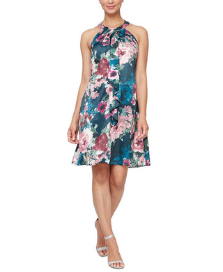Vestido floral feminino SL Fashions com alças finas e comprimento até o joelho, verde, tamanho 12