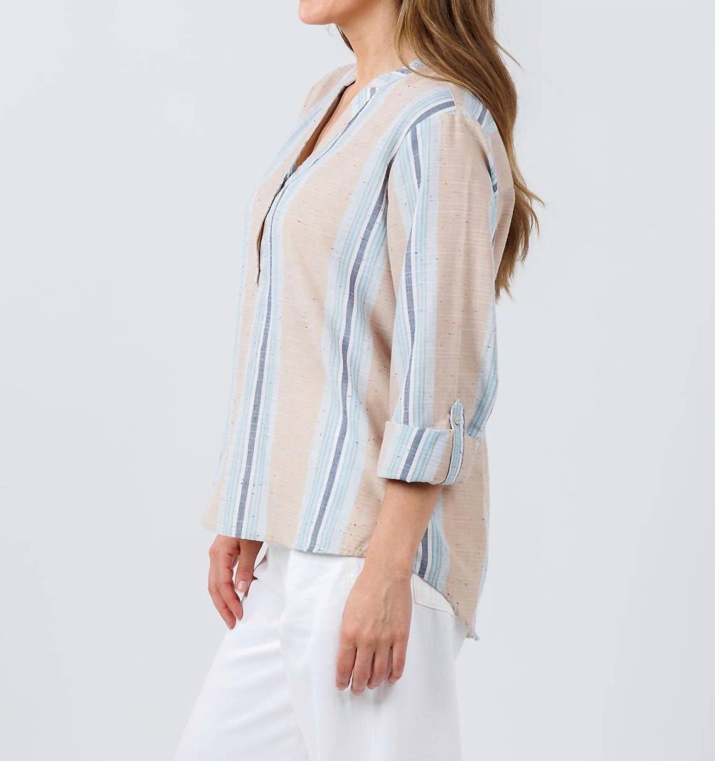 Billy T - Belize Stripe Roll Tab Sleeve Popover Shirt