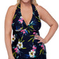 Top de maiô feminino Island Escape com estampa tropical, elástico, busto cheio, costas nadador, forro, sobrepeliz, recorte Tahiti Beach, preto, tamanho 20W
