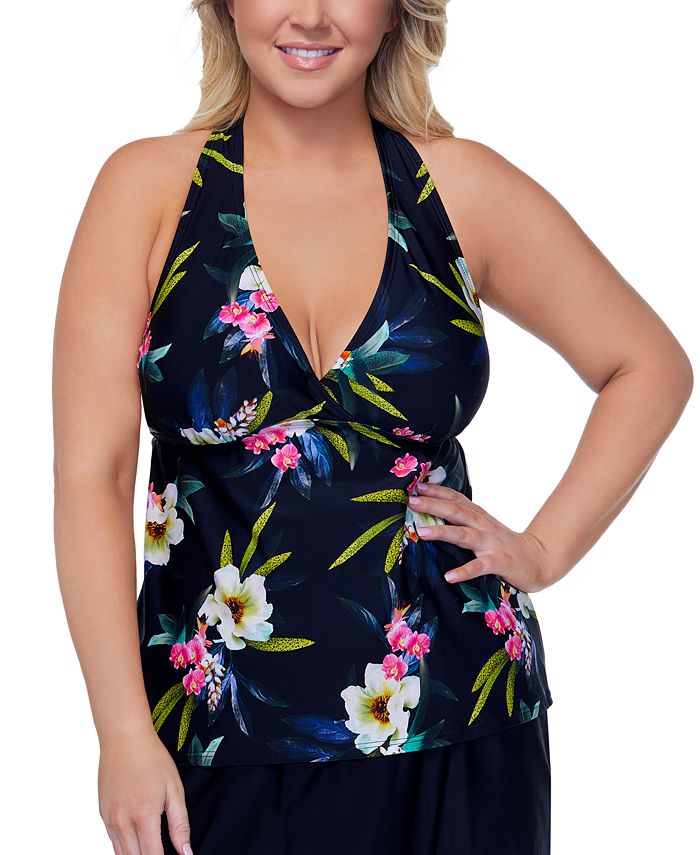 Top de maiô feminino Island Escape com estampa tropical, elástico, busto cheio, costas nadador, forro, sobrepeliz, recorte Tahiti Beach, preto, tamanho 20W