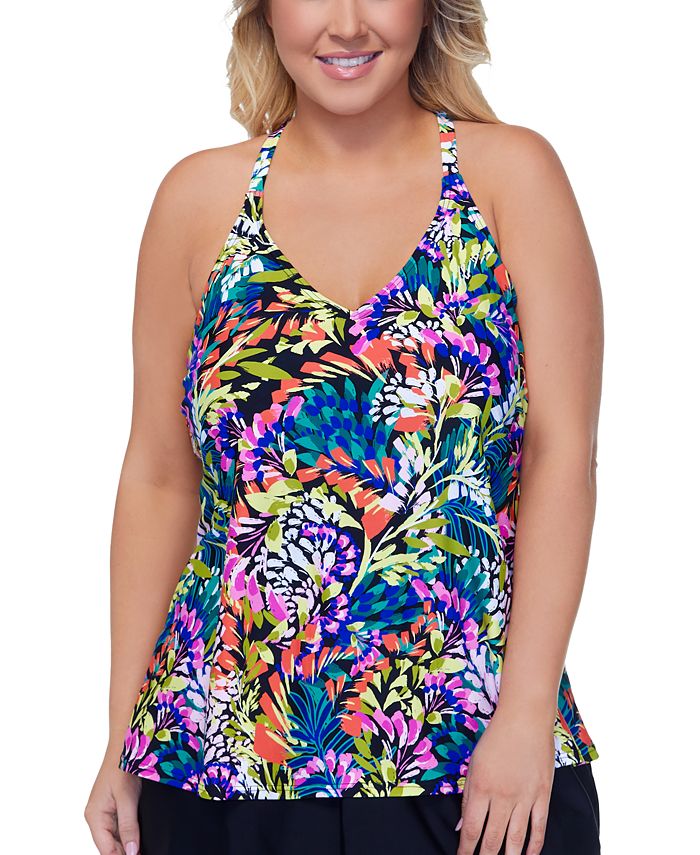 Island Escape Tankini Feminino com Decote em V Ajustável e Aro Top Preto Tamanho 22W