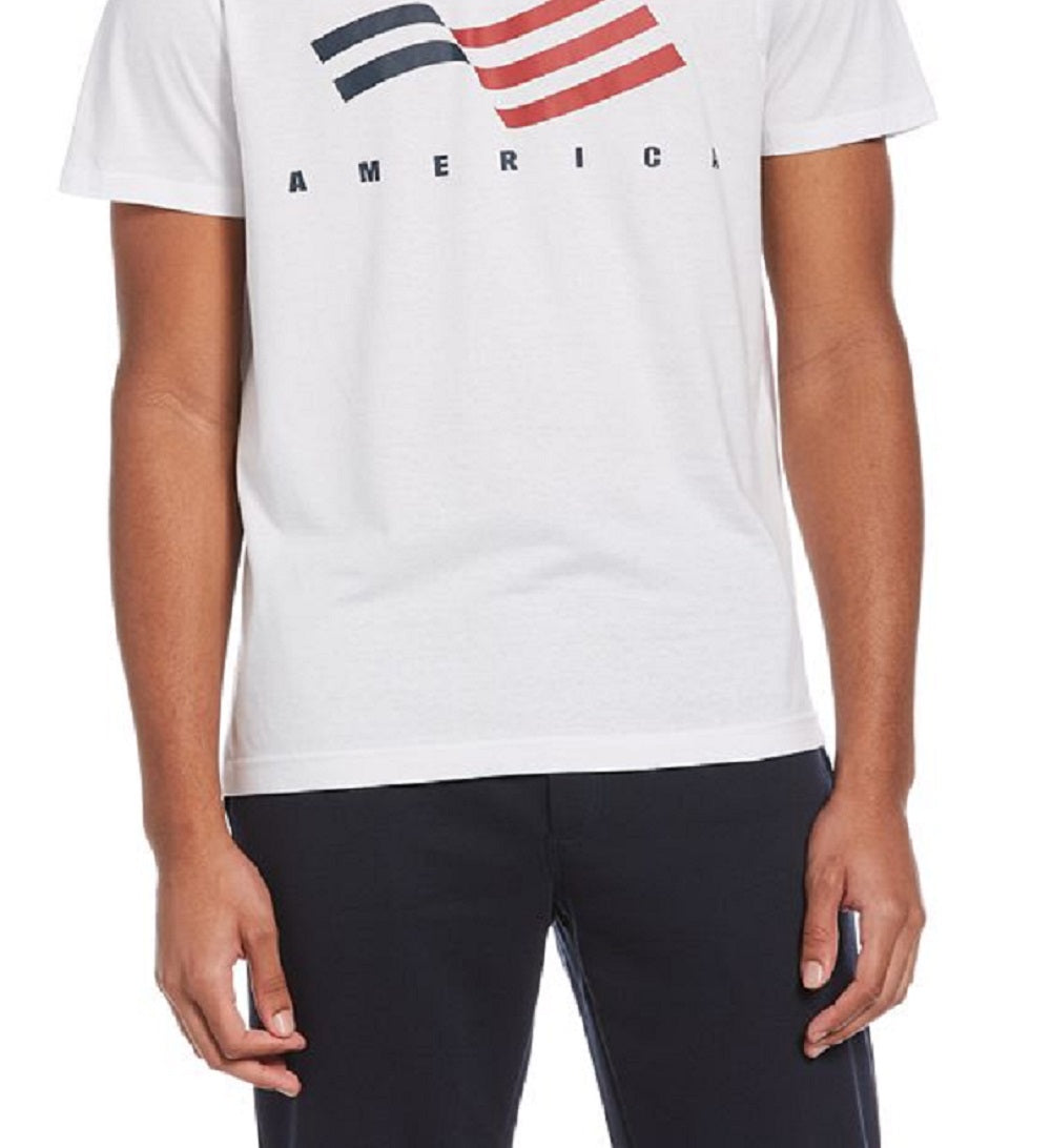 Camiseta masculina Perry Ellis com estampa de bandeira e manga curta e gola redonda, branca, tamanho médio