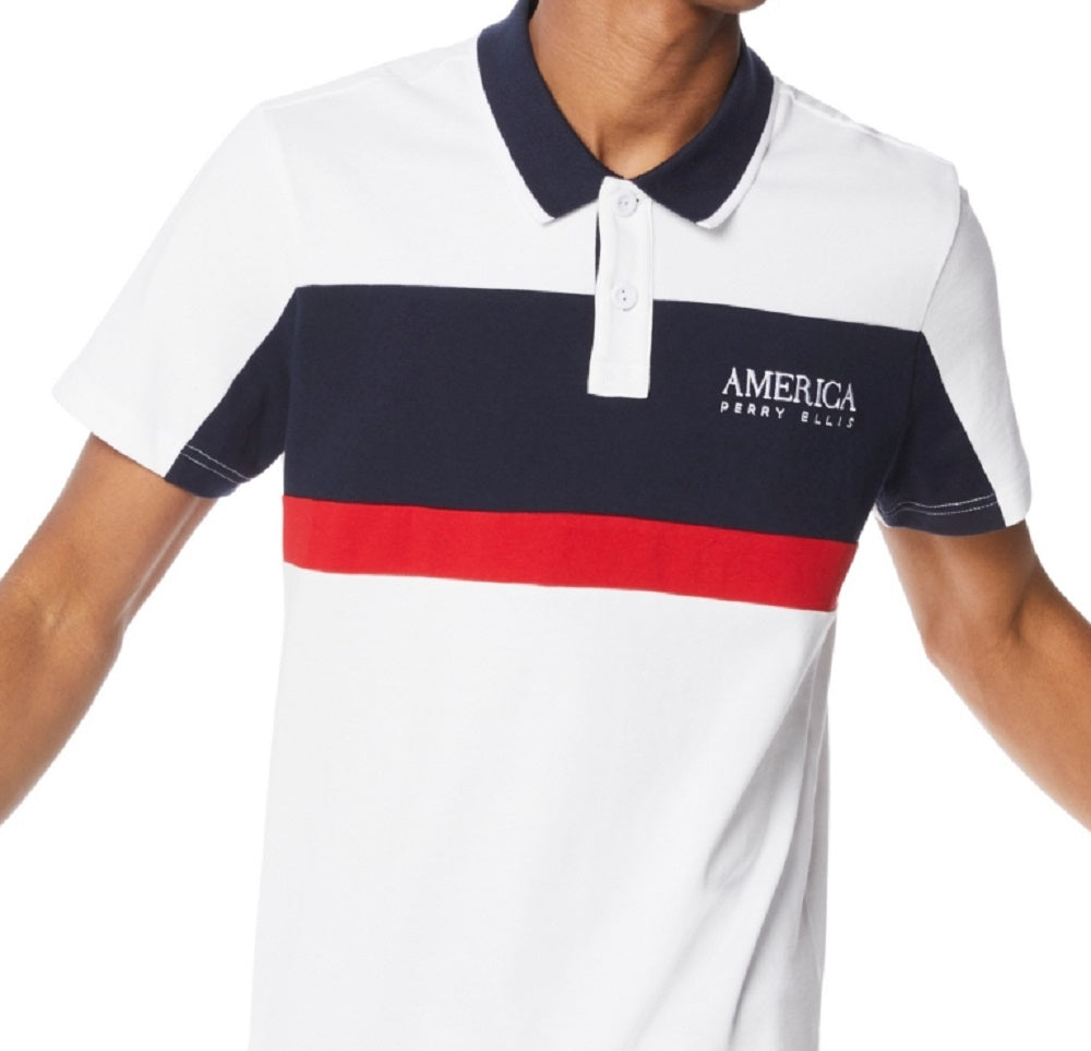 Camisa polo masculina Perry Ellis com blocos de cores, branca, tamanho médio