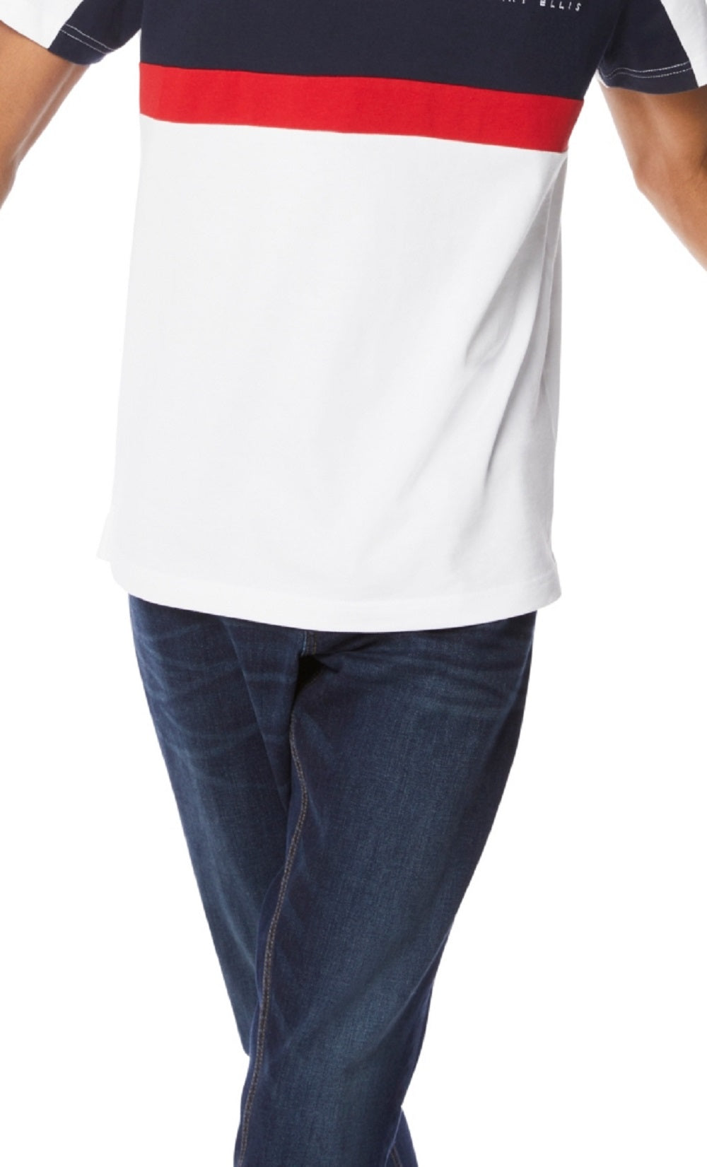 Camisa polo masculina Perry Ellis com blocos de cores, branca, tamanho médio