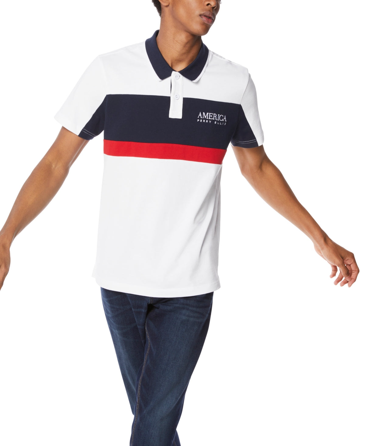 Camisa polo masculina Perry Ellis com blocos de cores, branca, tamanho médio