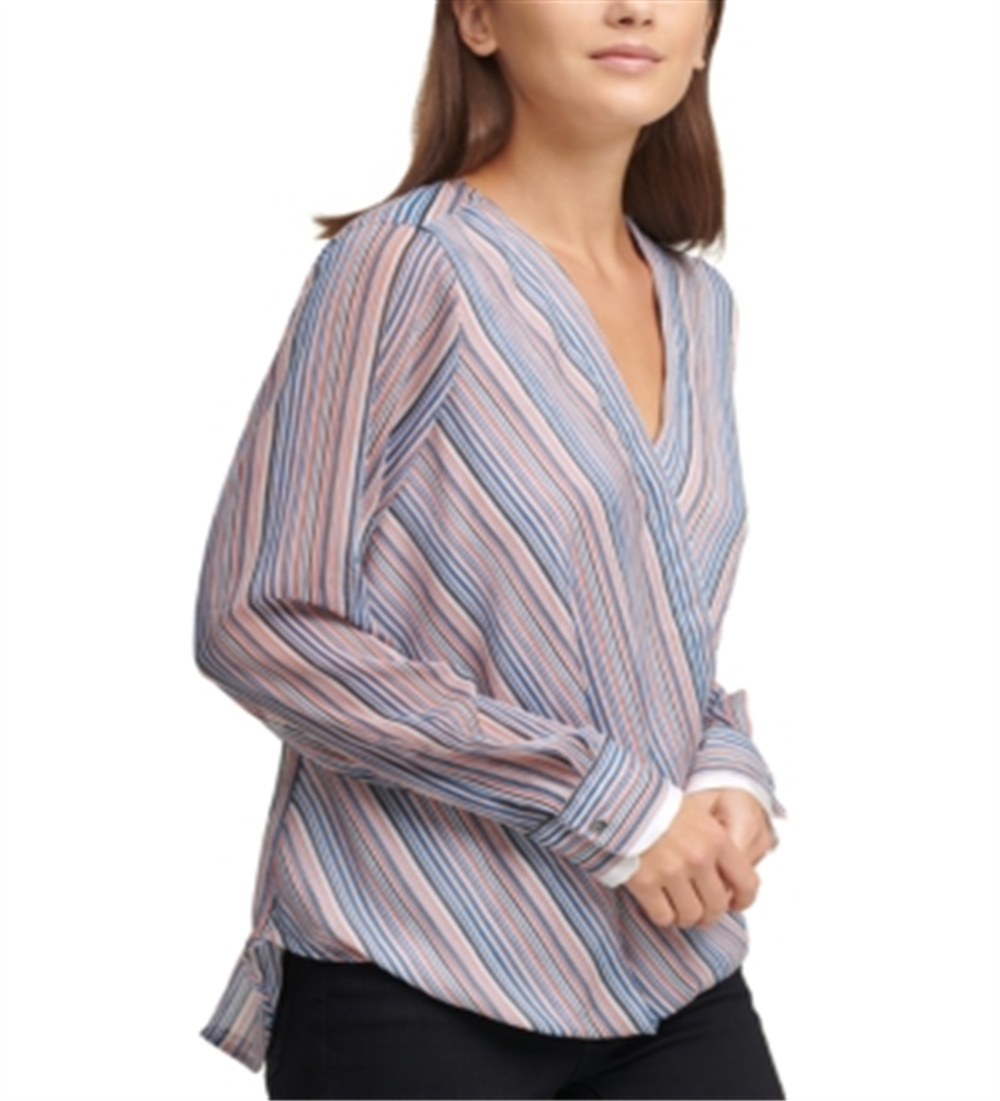 Blusa DKNY Listrada Faux-Wrap Marfim Nova Azul Marinho Tamanho G
